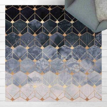 Korkteppich "Art Deco" blau & gold Läufer Badvorleger cork carpet BLEILE® 120 x 120 cm