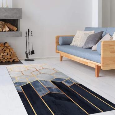 Korkteppich "Geometrie blau-gold" Läufer Vorleger BLEILE® 100 x 200 cm