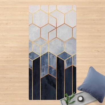 Korkteppich "Geometrie blau-gold" Läufer Vorleger BLEILE® 100 x 200 cm